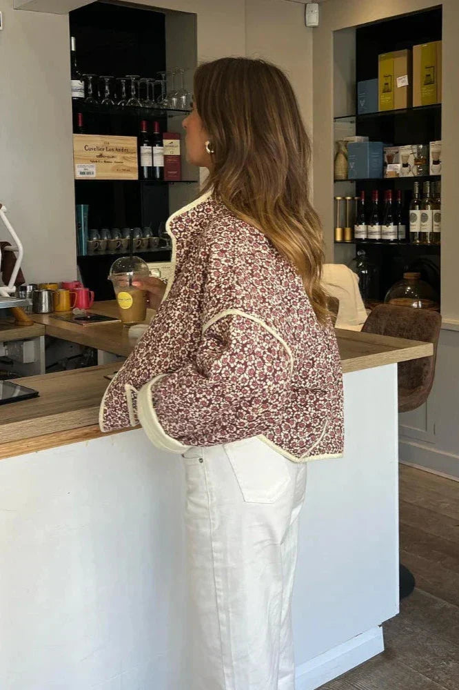 Kahverengi Çiçek Desenli Oversize Kapitone Ceket Zalle