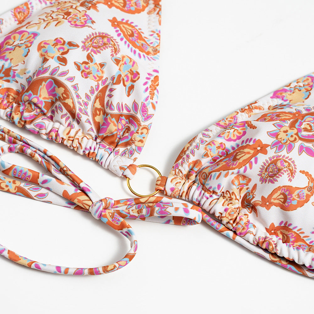 Çiçek Desenli Halkalı Zincir Detaylı Üçgen Bikini Takımı Zalle
