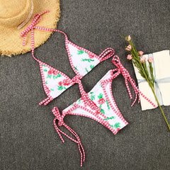 Çiçek Desenli Kareli Şeritli Üçgen Bikini Takımı Zalle