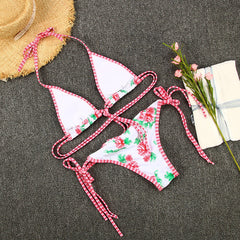 Çiçek Desenli Kareli Şeritli Üçgen Bikini Takımı Zalle