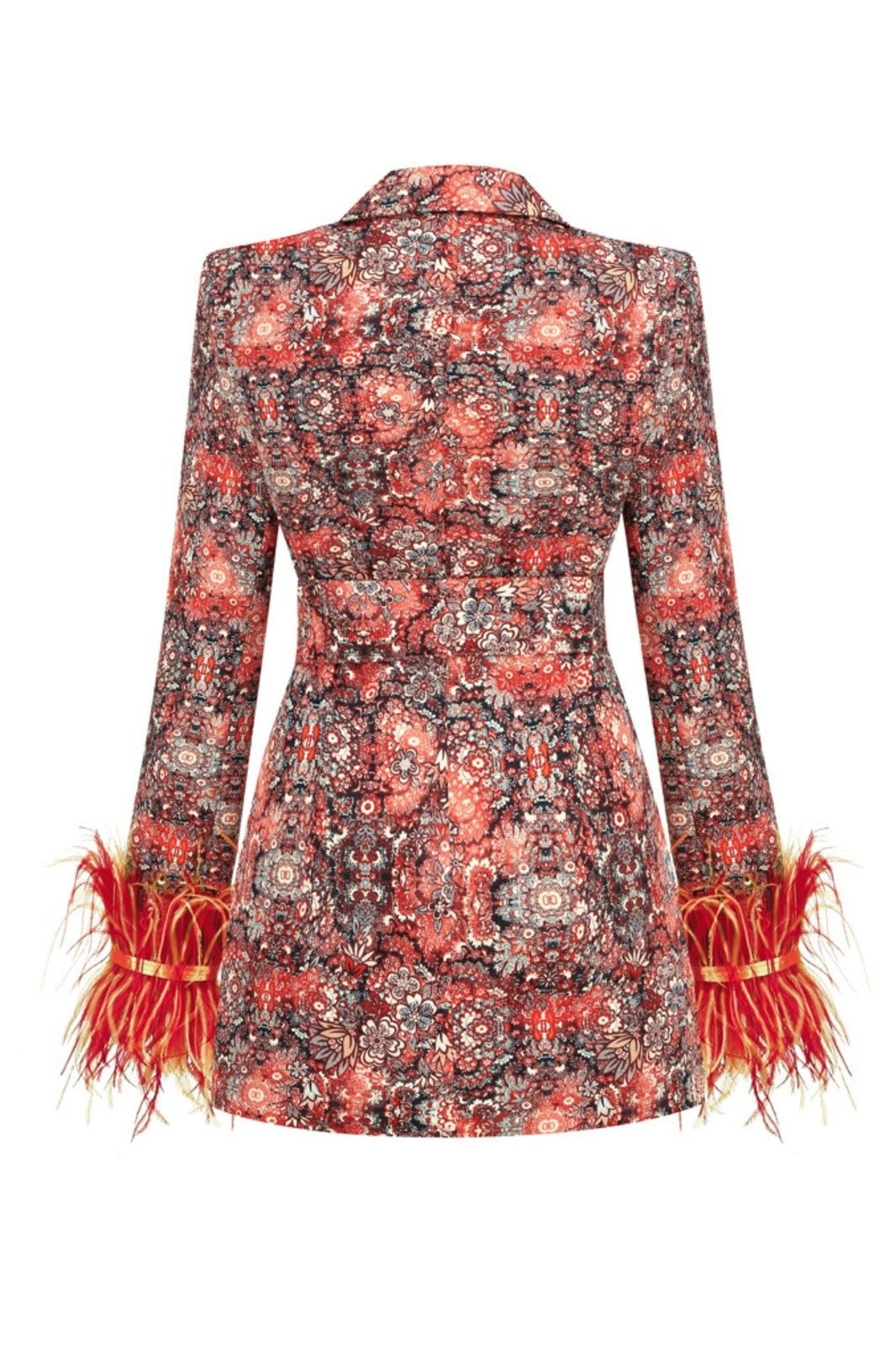 Çiçek Desenli Kemerli Tüy Detaylı Çok Renkli Mini Blazer Elbise Zalle