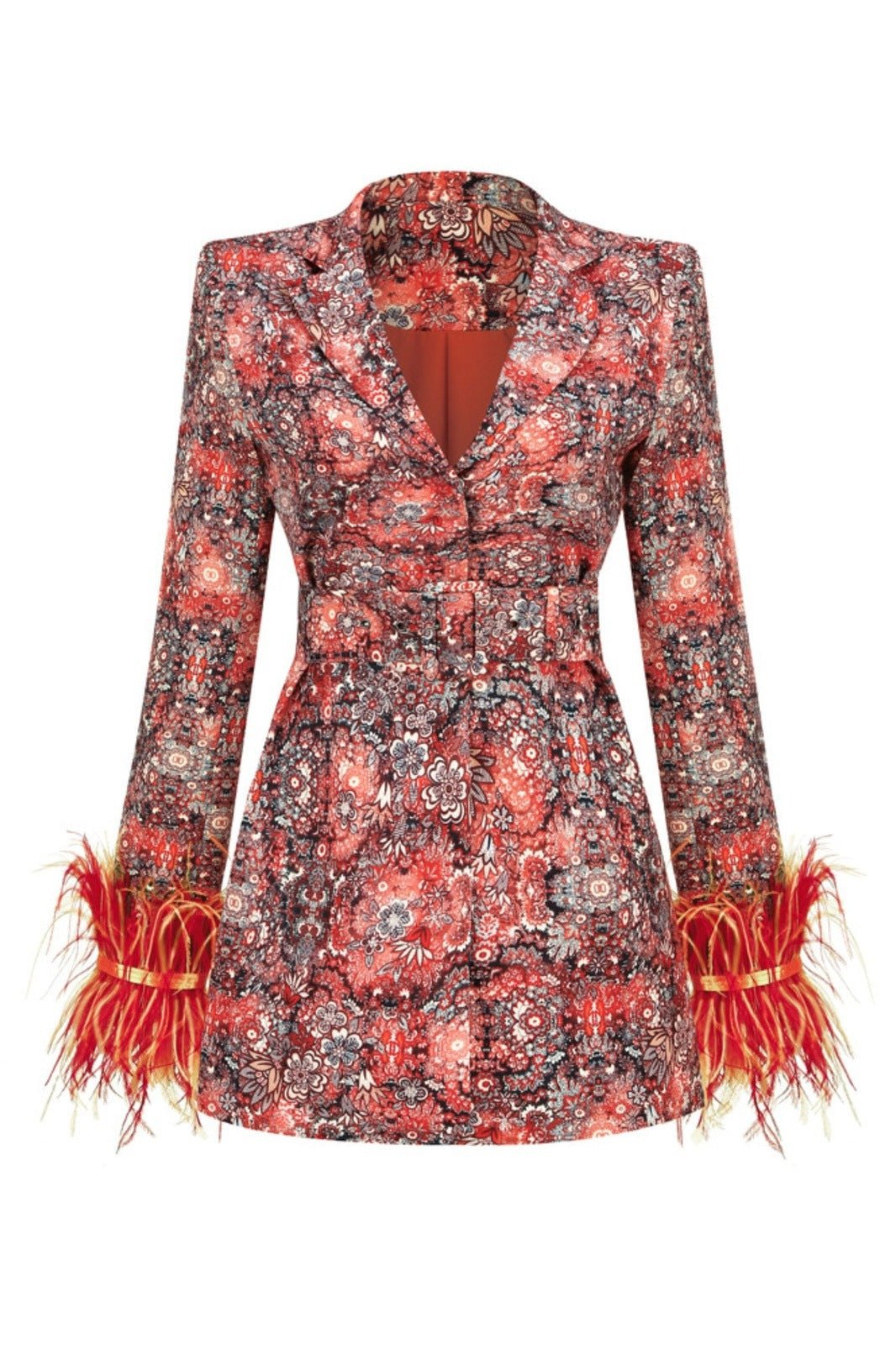 Çiçek Desenli Kemerli Tüy Detaylı Çok Renkli Mini Blazer Elbise Zalle