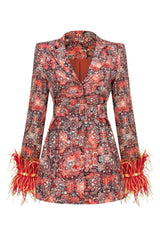 Çiçek Desenli Kemerli Tüy Detaylı Çok Renkli Mini Blazer Elbise Zalle