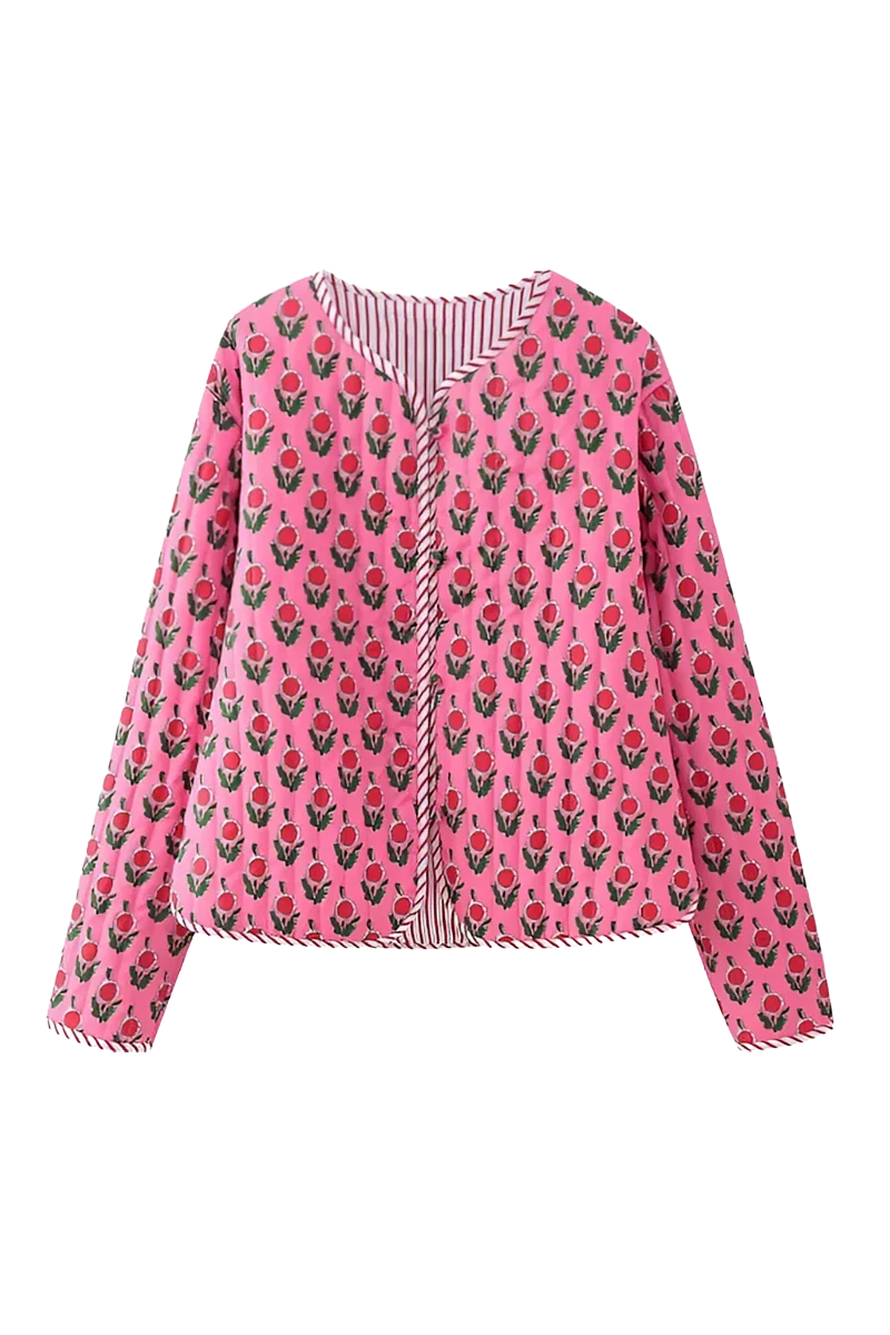 Pembe Floral Desenli Kısa Ceket Zalle