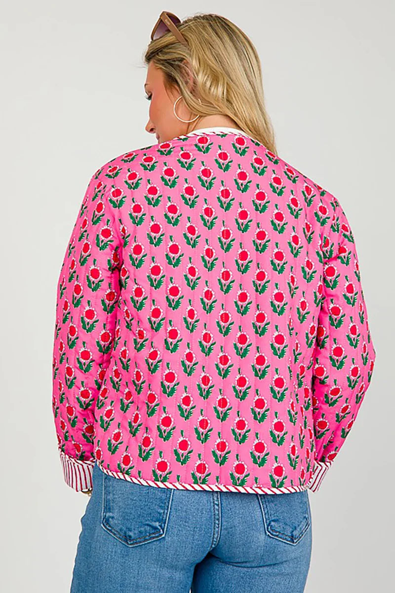 Pembe Floral Desenli Kısa Ceket Zalle