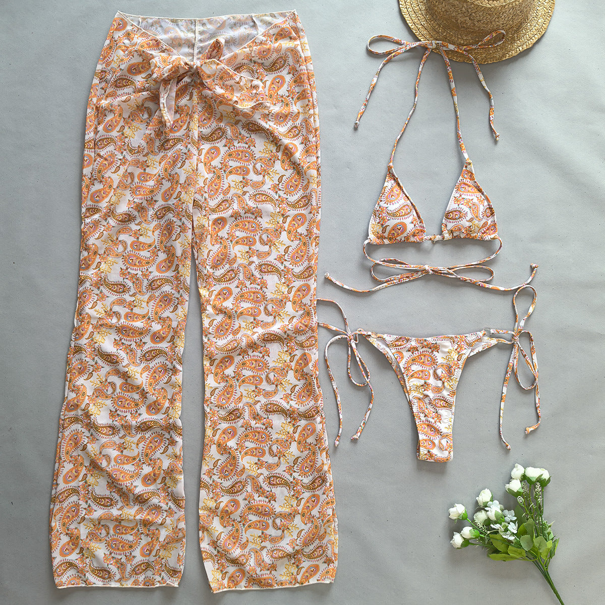 Etnik Desenli Pamuklu Yazlık Bikini ve Pantolon Takımı Zalle