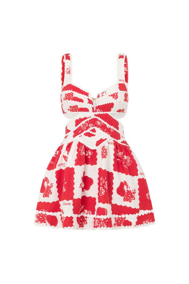 Etnik Desenli Cut-Out Kırmızı Beyaz Mini Elbise