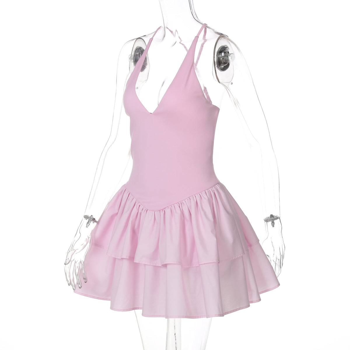 Fırfırlı Halter Pembe Mini Elbise Zalle