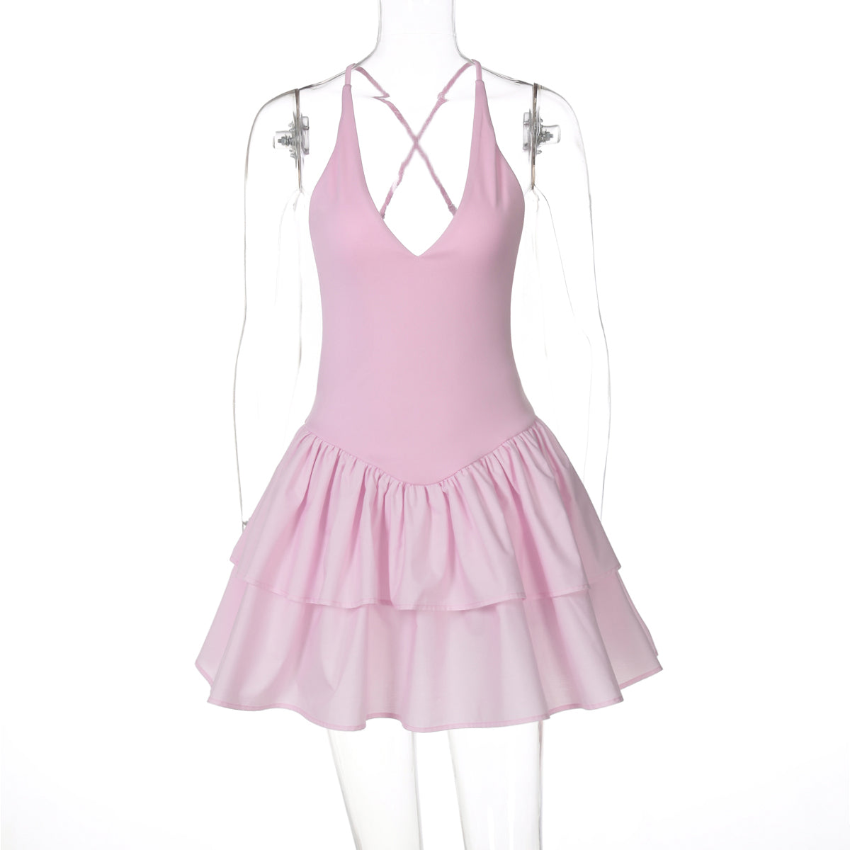 Fırfırlı Halter Pembe Mini Elbise Zalle