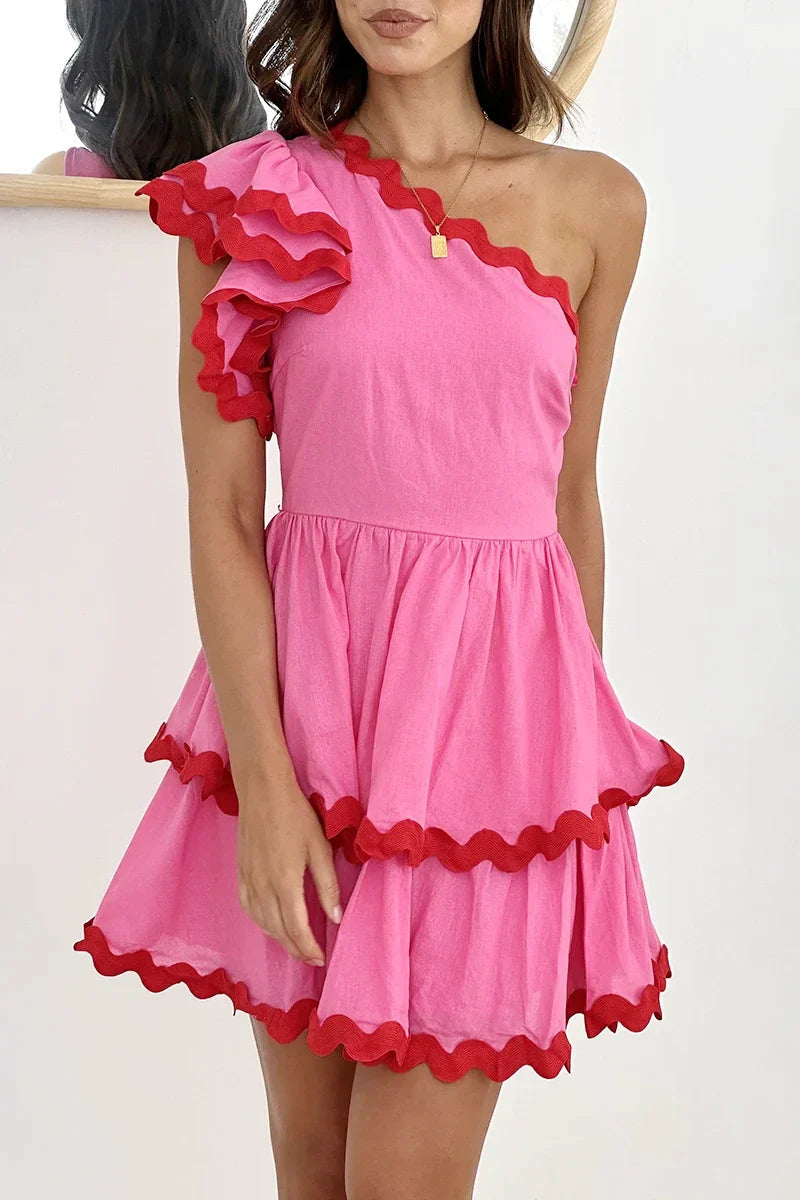 Fırfırlı Tek Omuz Pembe Mini Elbise Zalle
