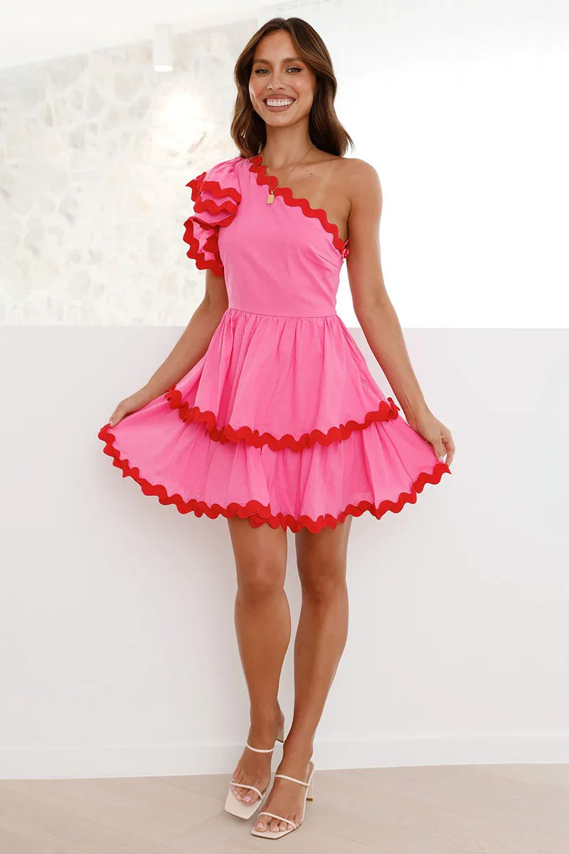 Fırfırlı Tek Omuz Pembe Mini Elbise Zalle
