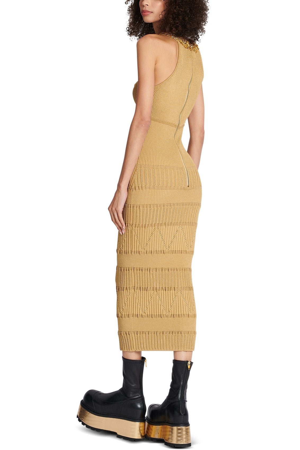 Gold Detaylı Halter Yaka Triko Midi Elbise Zalle