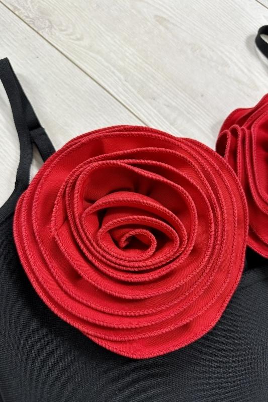 Gül Detaylı Siyah Uzun Elbise Zalle