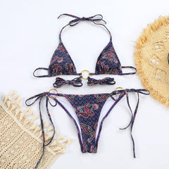 Halkalı Detaylı Desenli Üçgen Bikini Takımı Zalle
