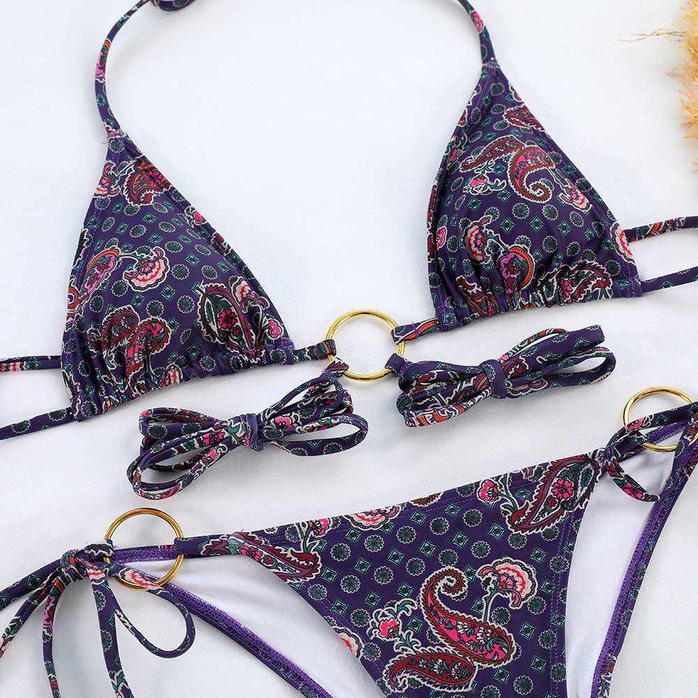 Halkalı Detaylı Desenli Üçgen Bikini Takımı Zalle