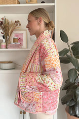 Pembe Patchwork Desenli Oversize Kapitone Ceket Zalle