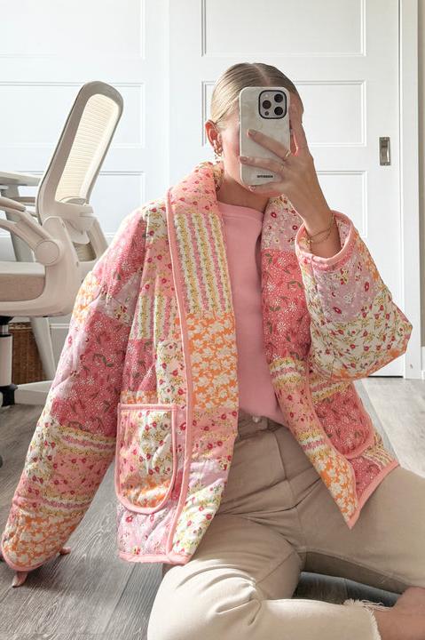 Pembe Patchwork Desenli Oversize Kapitone Ceket Zalle