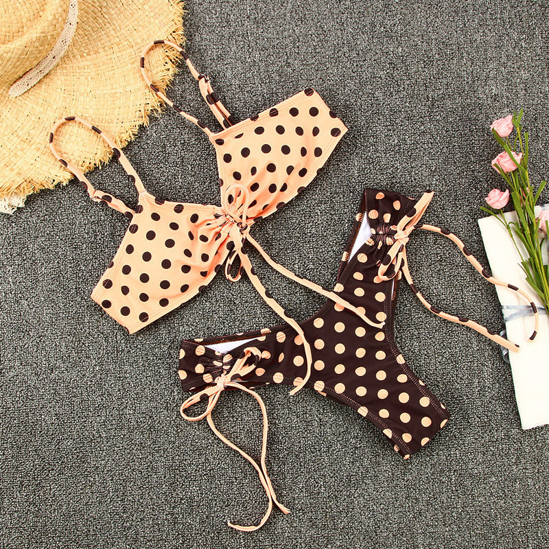 Kahverengi Turuncu Puantiyeli Bağcıklı Yüksek Bel Bikini Takımı Zalle