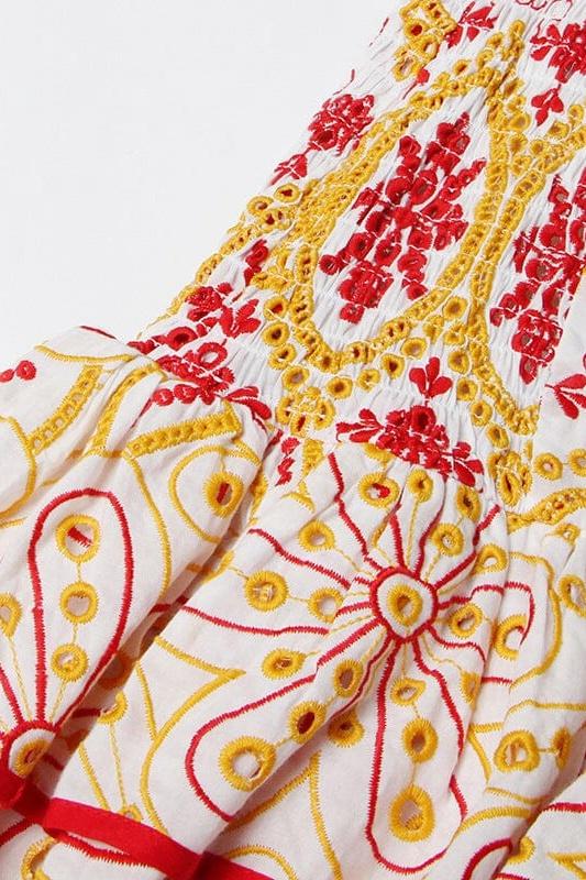 Kırmızı-Sarı Desenli Omuz Dekolteli Nakış Detaylı Mini Elbise Zalle