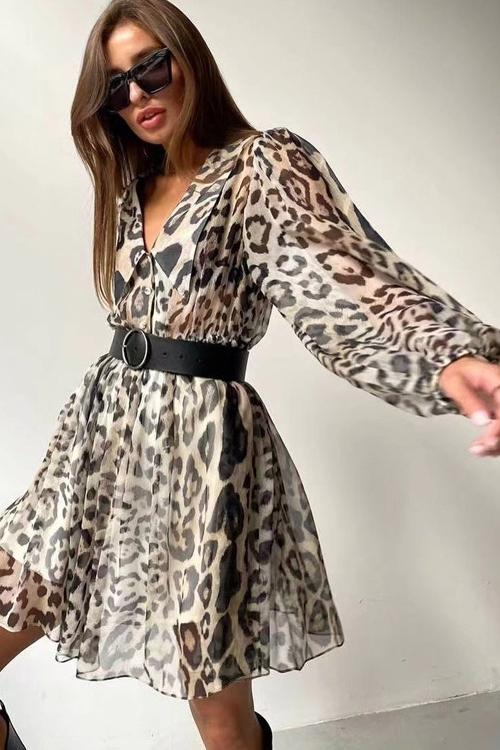 Leopar Desenli Kuşaklı Şifon V Yaka Mini Elbise
