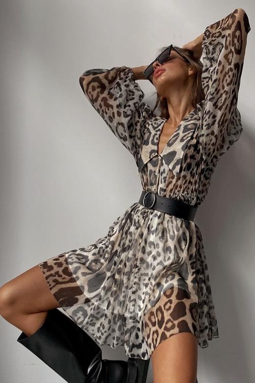 Leopar Desenli Kuşaklı Şifon V Yaka Mini Elbise