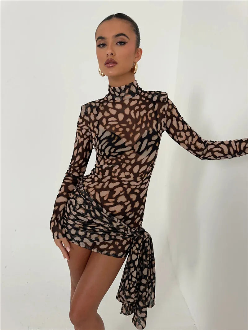 Leopar Desenli Transparan Uzun Kollu Mini Elbise