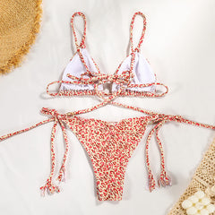 Leopar Desenli Halka Detaylı İpli Üçgen Bikini Takımı