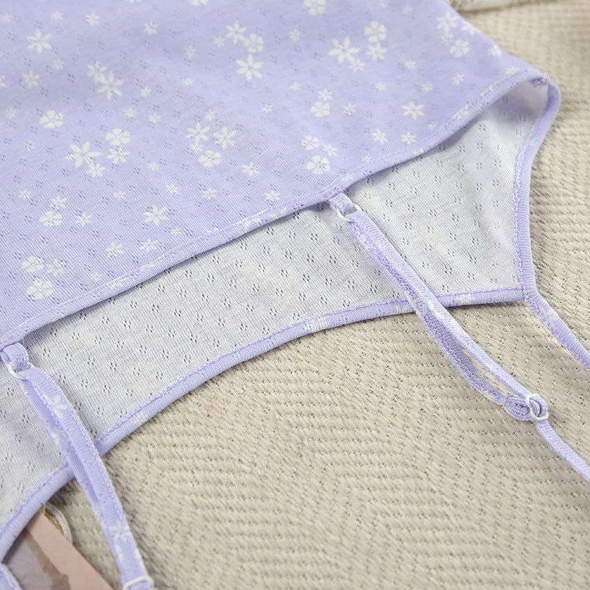 Lilac Floral Patterned Pajama Set with Suspender Shorts