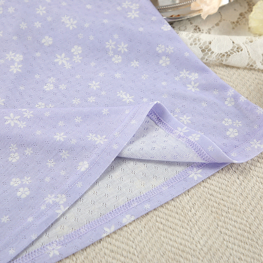 Lilac Floral Patterned Pajama Set with Suspender Shorts