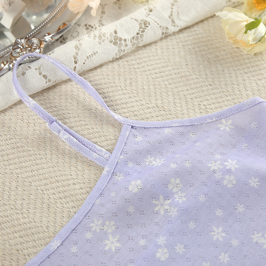 Lilac Floral Patterned Pajama Set with Suspender Shorts