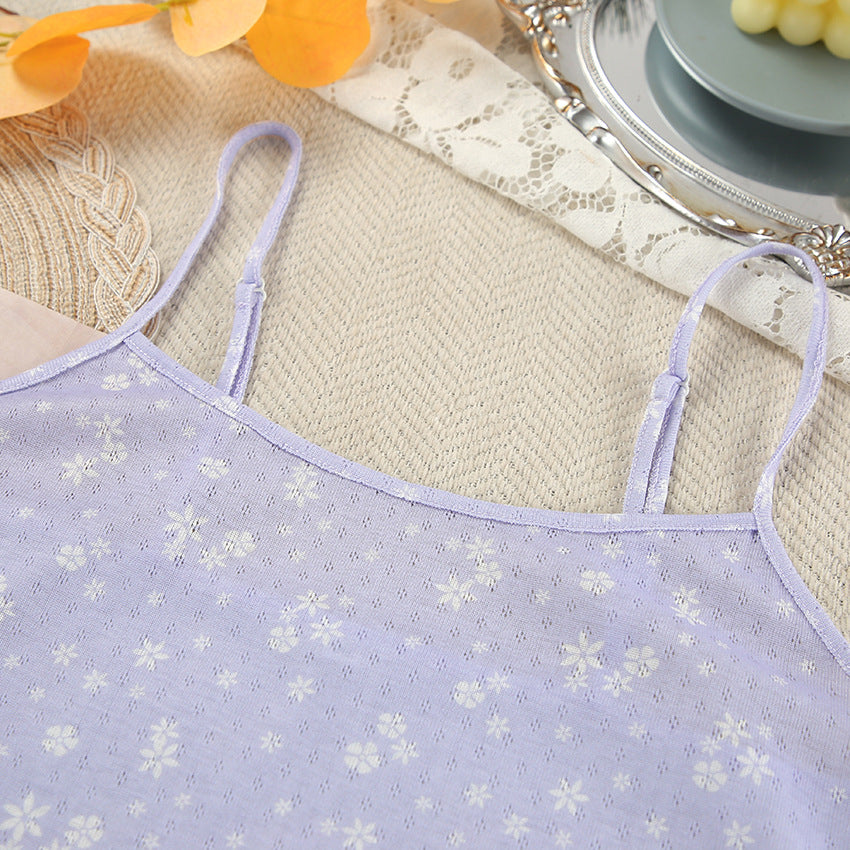 Lilac Floral Patterned Pajama Set with Suspender Shorts