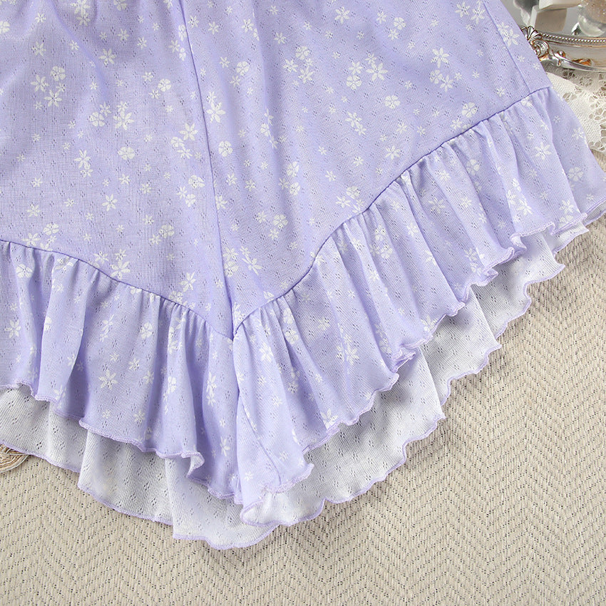 Lilac Floral Patterned Pajama Set with Suspender Shorts