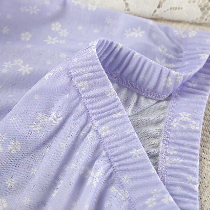 Lilac Floral Patterned Pajama Set with Suspender Shorts
