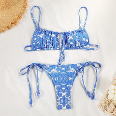 Mavi Minimal Desenli Bağlamalı Kadın Bikini Takımı Zalle