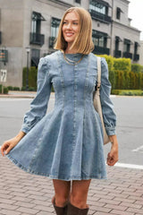 Modern Fit Kesimli Uzun Kollu Denim Mini Elbise Zalle