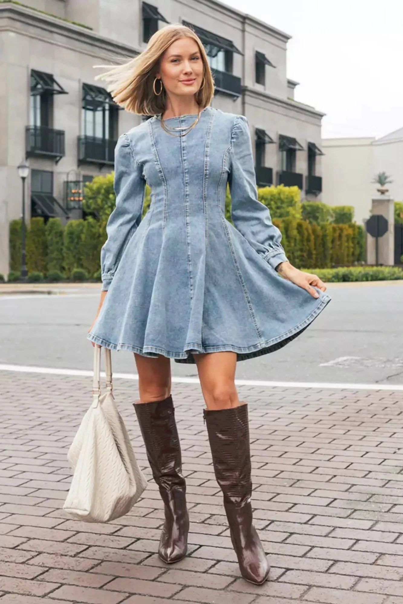 Modern Fit Kesimli Uzun Kollu Denim Mini Elbise Zalle