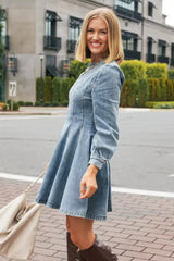 Modern Fit Kesimli Uzun Kollu Denim Mini Elbise Zalle