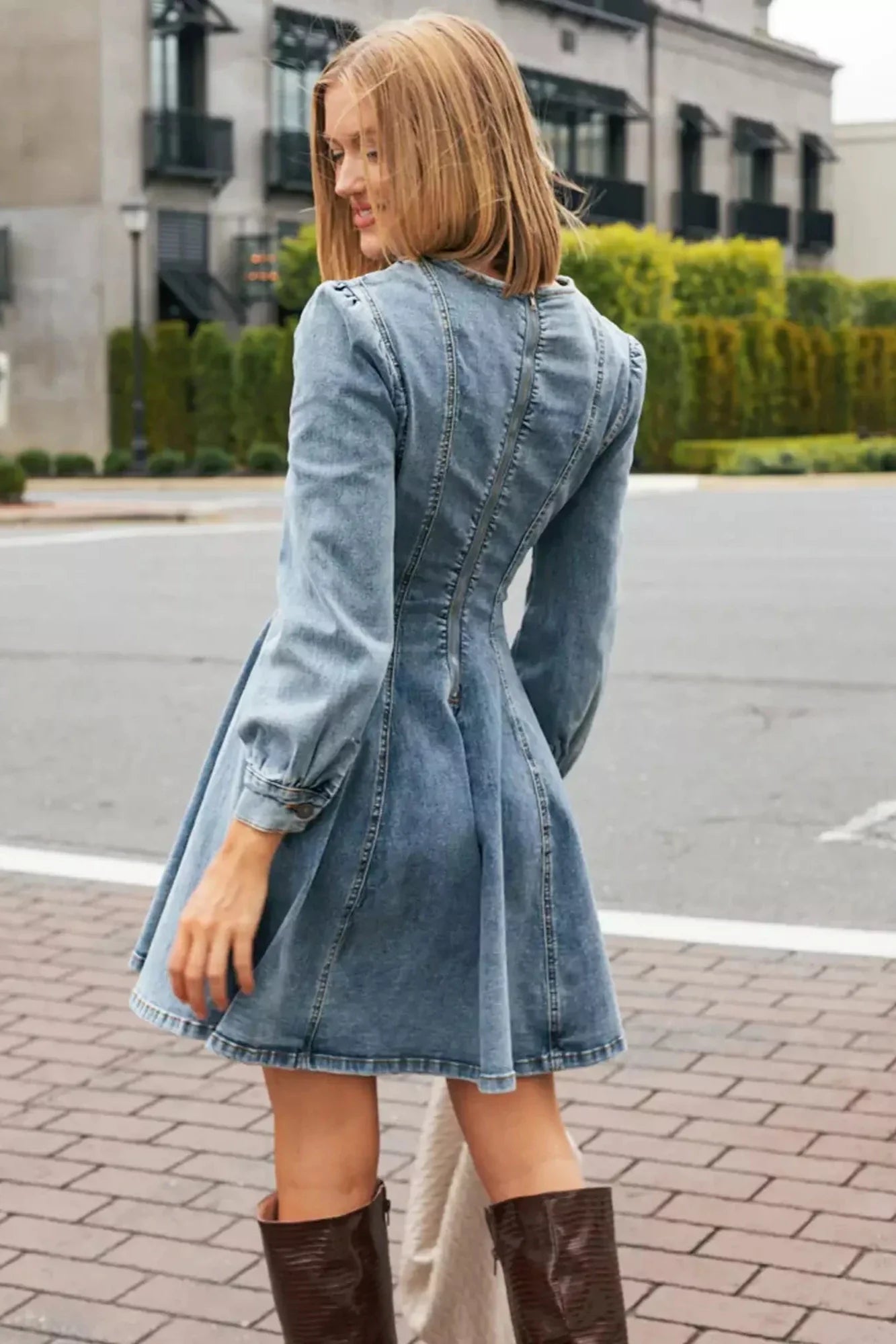 Modern Fit Kesimli Uzun Kollu Denim Mini Elbise Zalle