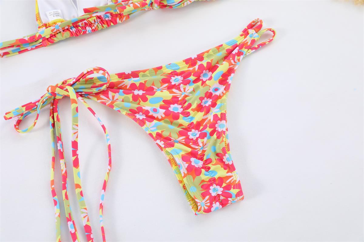 Neon Çiçekli Canlı Renk Üçgen Bikini Takımı