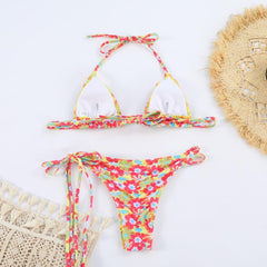 Neon Çiçekli Canlı Renk Üçgen Bikini Takımı