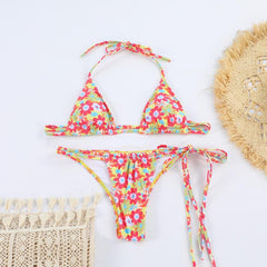 Neon Çiçekli Canlı Renk Üçgen Bikini Takımı