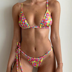 Neon Çiçekli Canlı Renk Üçgen Bikini Takımı
