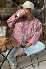 Pembe Çiçek Desenli Oversize Kapitone Ceket Zalle