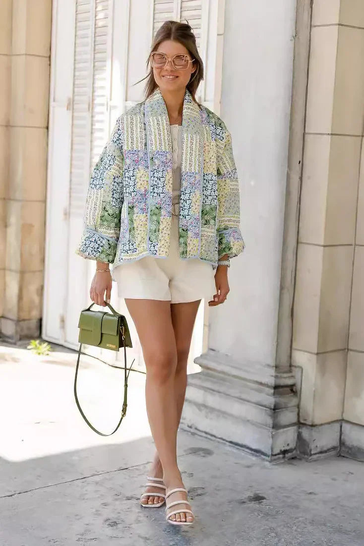Yeşil Patchwork Desenli Oversize Kapitone Ceket Zalle