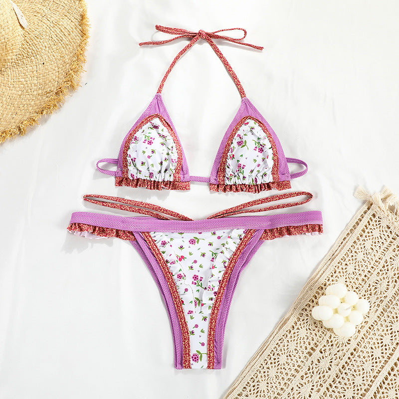 Pembe Çiçek Desenli Fırfırlı Mikro Bikini Takımı Zalle