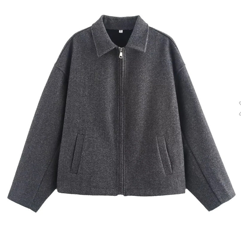 Klasik Yaka Fermuarlı Oversize Kaşe Ceket Zalle