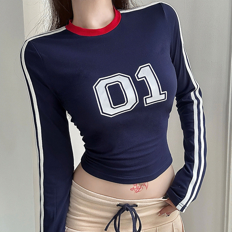 Striped Blue Thin Round Neck Long Sleeve T-Shirt