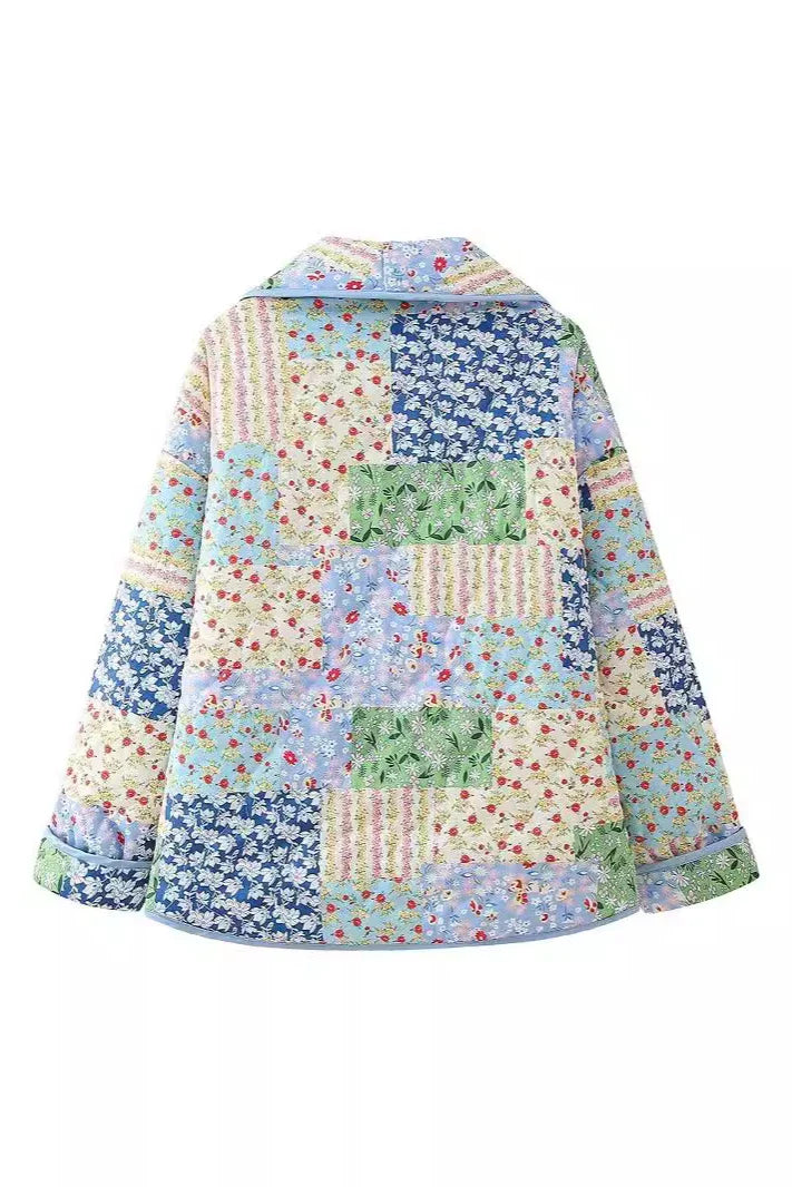 Yeşil Patchwork Desenli Oversize Kapitone Ceket Zalle