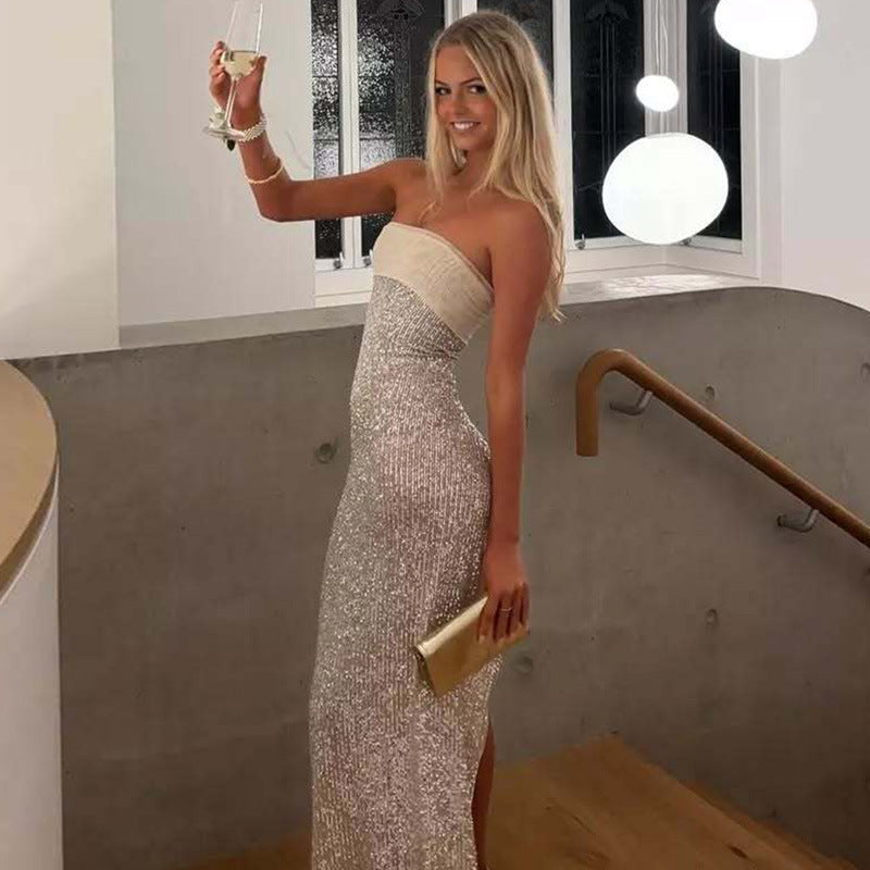 Sim Detaylı Straplez Maxi Gece Elbisesi