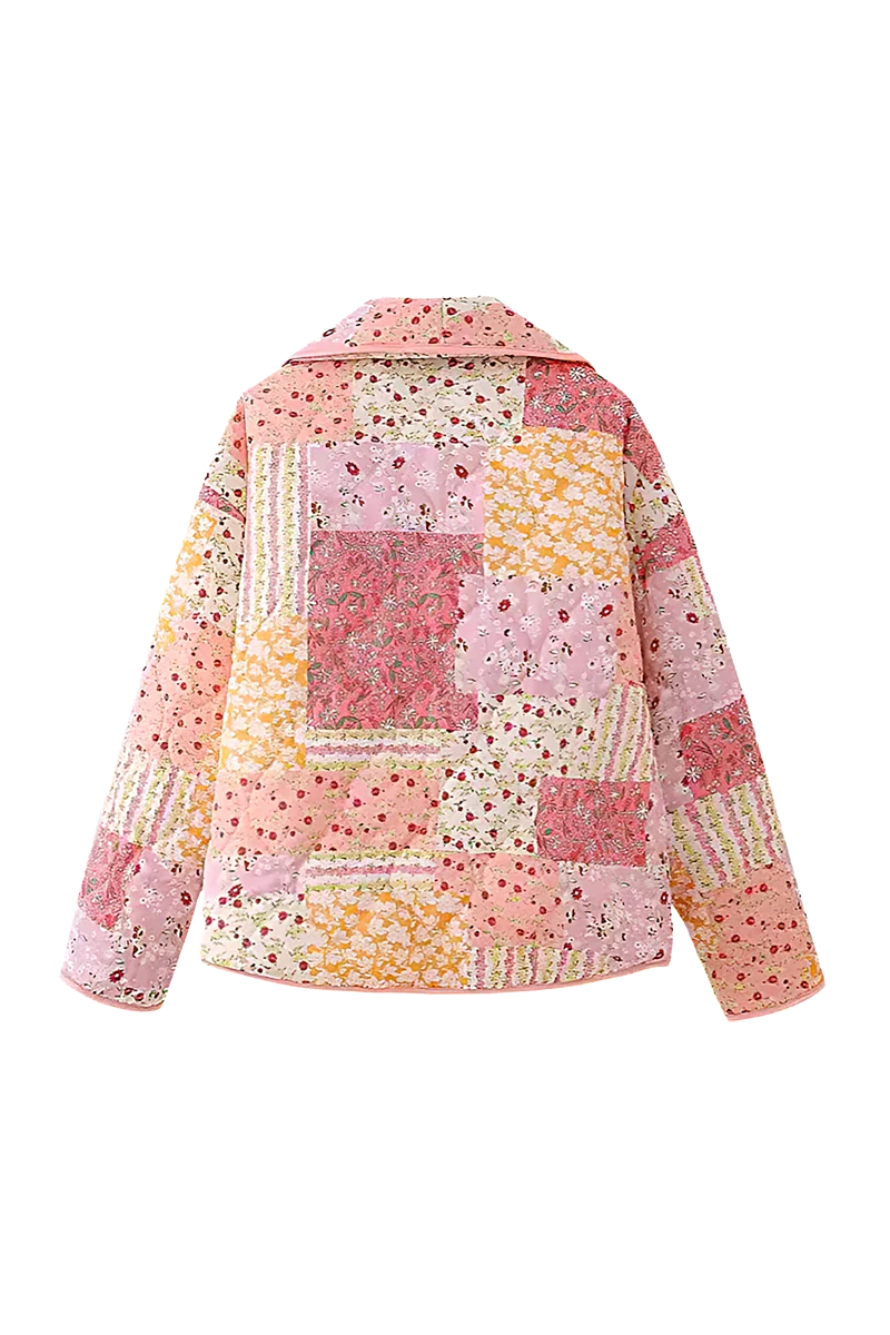 Pembe Patchwork Desenli Oversize Kapitone Ceket Zalle